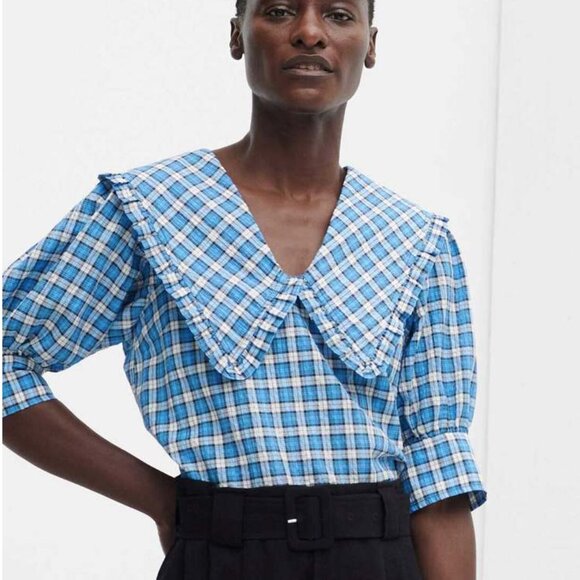 Ganni Tops - GANNI Seersucker Check V-Neck Ruffle Blouse in Azure Blue